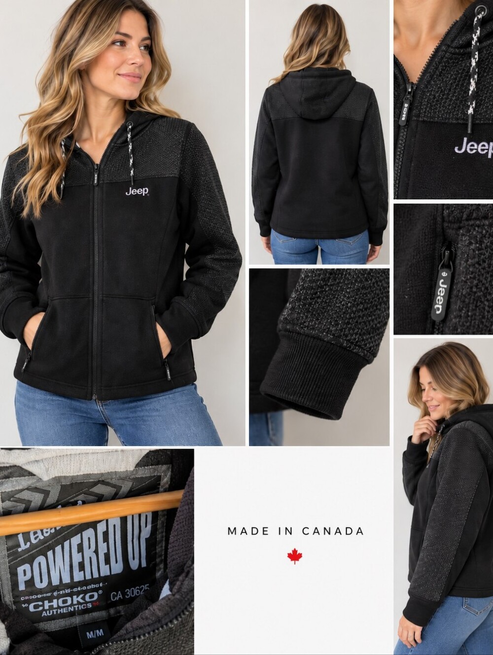 Jeep Chocko Authentics Made In Canada Black Hooded Lightweight Zip-Up Jacket